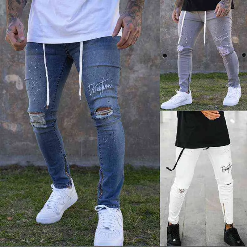 Hommes Jeans Skinny Détruit Déchiré Cassé Punk Pantalon Homme Hip Hop JeansFashion Streetwear Vintage Bleu Gris Blanc Couleur G0104