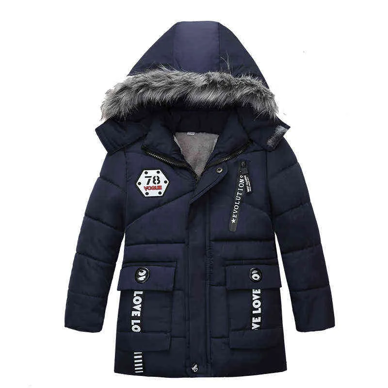 2022 Nieuwe Winter Keep Warm Boys Jacket Long Style Fur Collar Fleece Dikke Hooded Outerwear Jacket voor kinderen Kinderen Windscheper J220718
