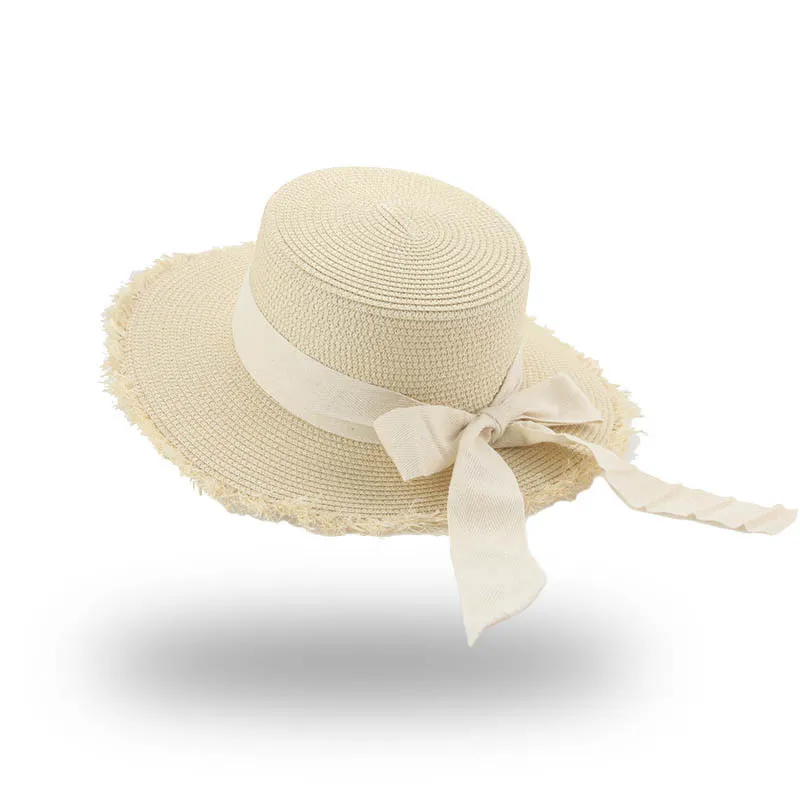 Straw Hat Women Wide Brim Sun Protection Beach Hat Black And White Ribbon Bowknot Straw Cap Casual Ladies Flat Top Panama Hat 220726