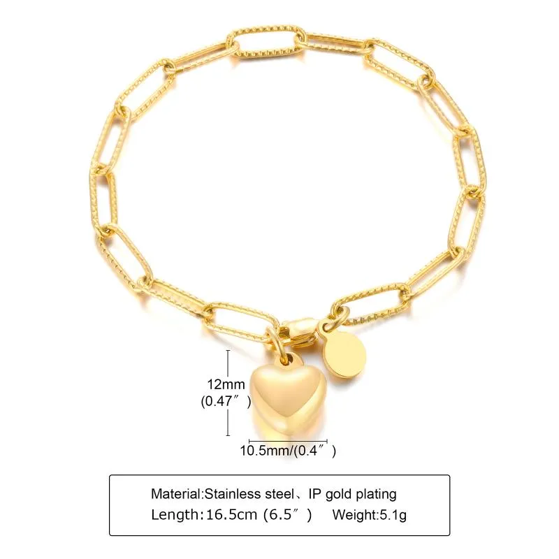 Cadena de eslabones pulsera de clip dorado para mujer rectángulo de acero inoxidable regalo para mamá y novia colgante de corazónLink324V