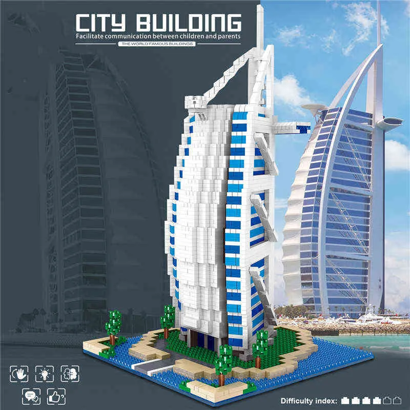 ブロックワールドアーキテクチャダイヤモンドビルディングブロックBurj al Arab Hotel 3D Model DIY Mini Bricks Toys for Children Gifts T230103