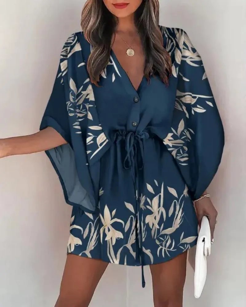 Casual Boho Dresses for Women Summer Loose Print V Neck Batwing Sleeve Lace Up Irregular Mini Dress Vestido 220713