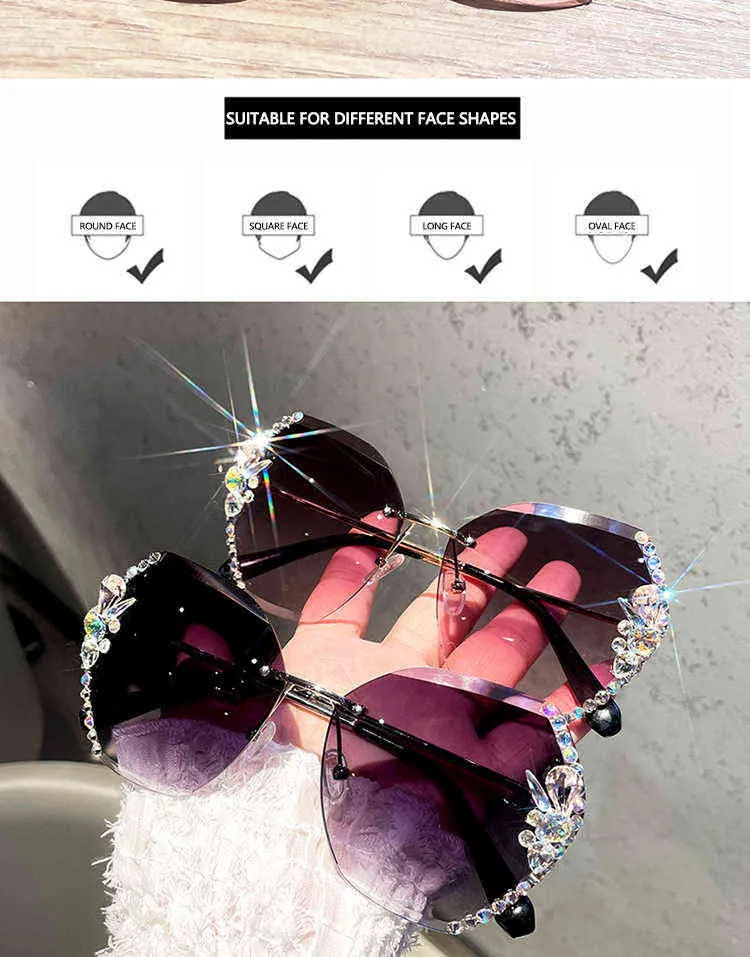 2022 gafas de sol de lujo Vintage sin montura con diamantes de imitación para mujer, diseño de marca, lentes degradados a la moda, gafas de sol para hombre, gafas para mujer Y220427