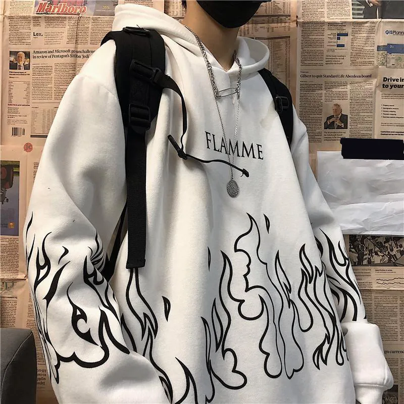 Streetwear Damen Pullover mit Flammendruck, übergroßer Hoodie im Harajuku-Stil, Übergröße, Winter-Sweatshirt, koreanisches Streetwear-Top 220811