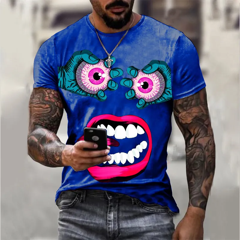 夏のパーソナリティ3D印刷Tシャツ漫画の目の面白い表現パターンハンサムな半袖マンカジュアルTシャツ220607