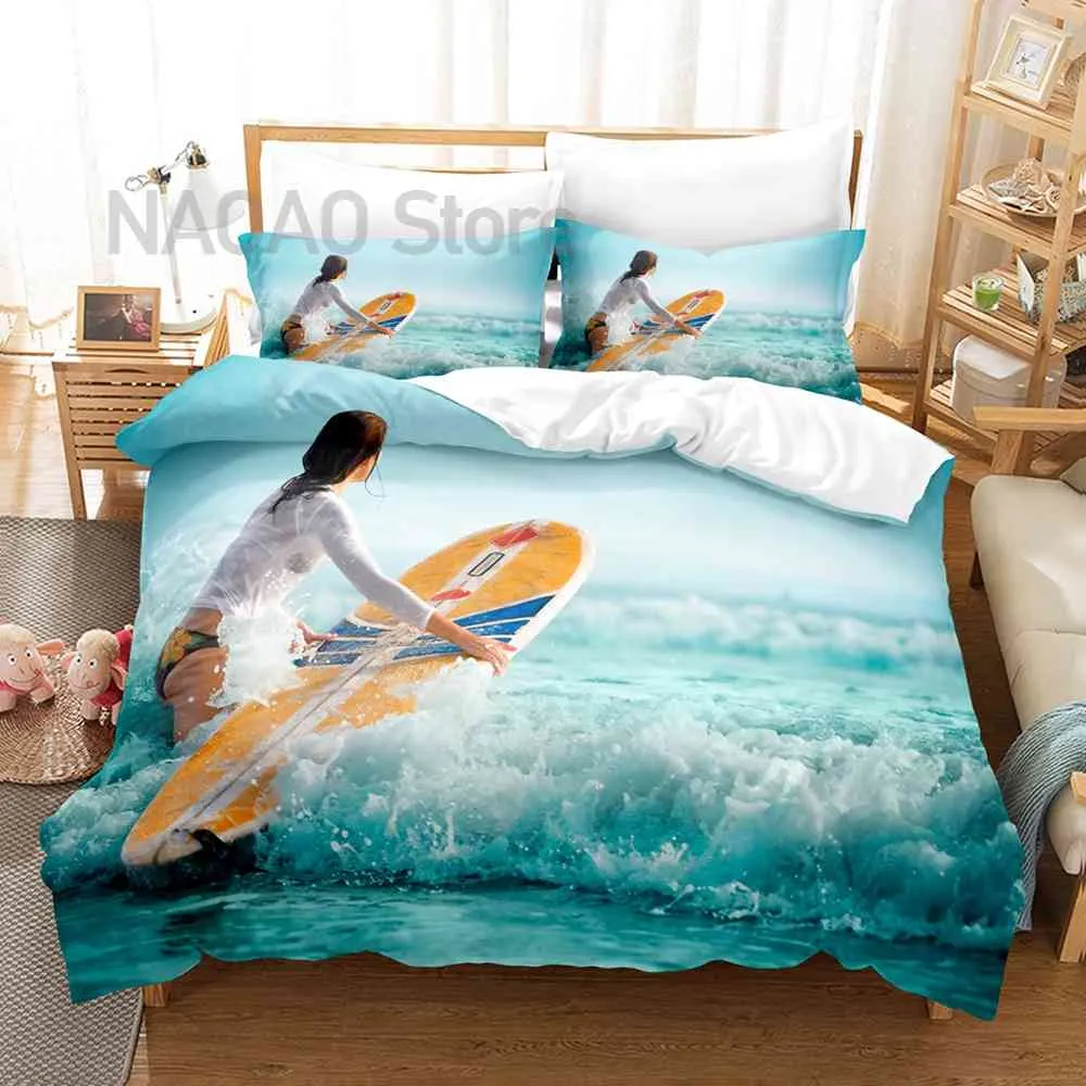 Ensemble de literie de surf de mer 3d Surf moderne extérieur Sports extrêmes housse de couette reine roi taille océan planche de surf bleu vert couette