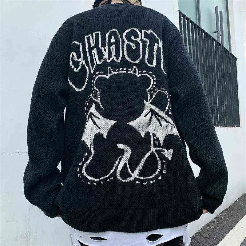 Cartoon gebreide trui mannen vrouwen dragen duivelpatroon zwarte jumpers hiphop harajuku college casual oversized nieuwe pullover unisex t220730