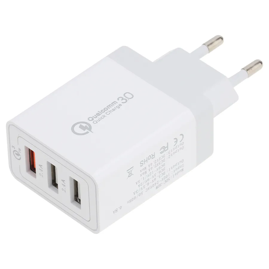 Adaptador de cargador rápido de pared 3,0 de carga rápida de 3 puertos enchufe UE EE. UU. Reino Unido para teléfono móvil Samsung Xiaomi Huawei