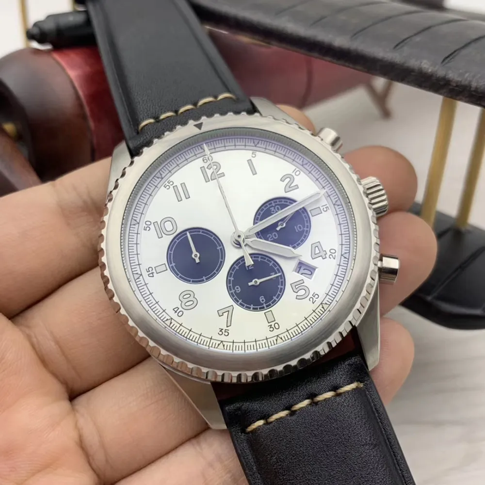 Yüksek kaliteli havacı 8 Curtiss Quartz Kronograf Erkekler Saatler 46mm Gümüş Kılıf Yeşil Dial Siyah leathe240o ile Aydınlık Bilek saatleri