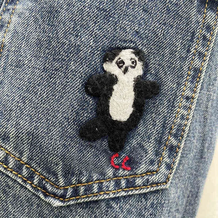 Primavera e verão super quente panda bordado calças de jeans alta pernas largas lavadas com cintura alta