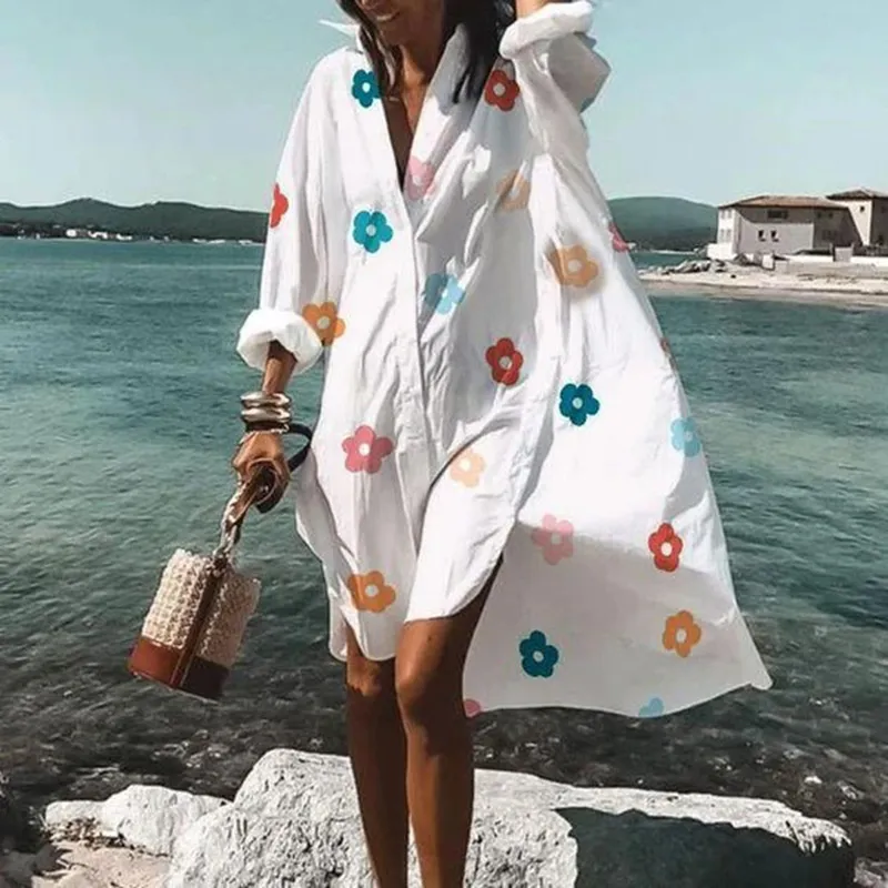 Sonbahar Kadın Elbiseler Tartışma Yaka Baskı Gündelik Uzun Kollu Gömlek Elbise Artı Boyut Gevşek Plaj Parti Vestidos Robe Bluz Bluz 220527