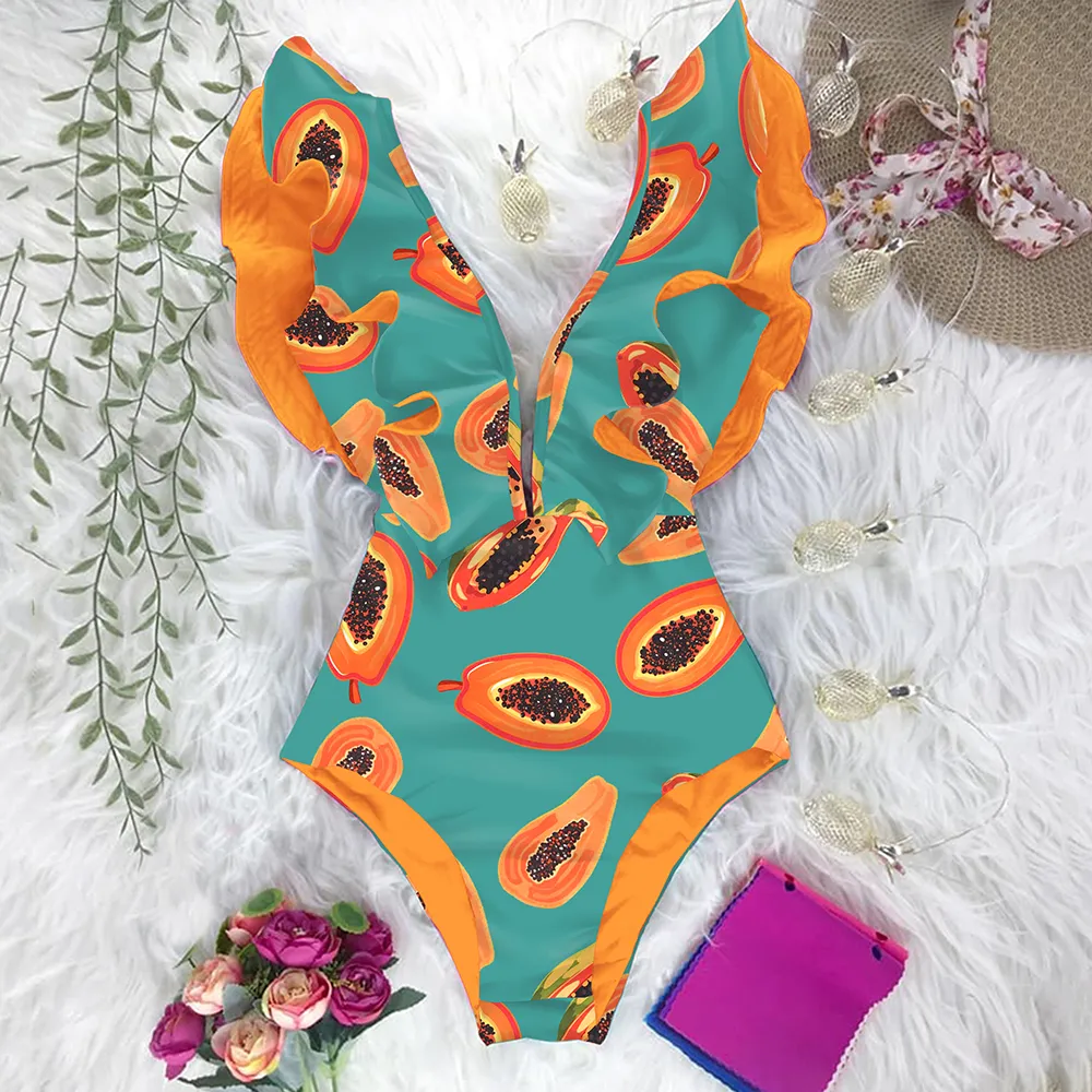 Costume da bagno con stampa Costume da bagno con volant con scollo a V profondo Costume da bagno intero push up Abbigliamento da spiaggia Monokini senza schienale