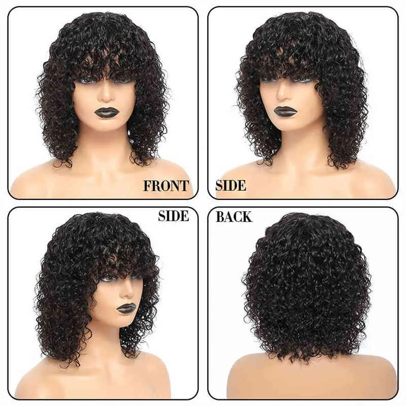 Hair Wigs Water Wave Bob peruca com franja humano encaracolado brasileiro para mulheres Máquina completa curta 220722