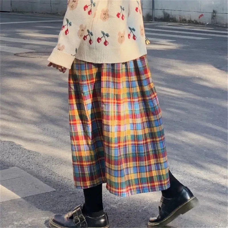 Japanische Regenbogen Hohe Taille A-Line Wolle Plaid Rock Weibliche Studenten Adrette Wilden Midi Frauen Herbst Lange 220322