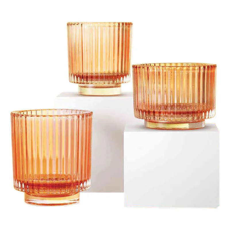 Modern Cylindrical Shape Glass Candle Holder With Vertical Lines Texture On In Blue Brown Orange Purple Red Color Tabletop Piece YQ231017