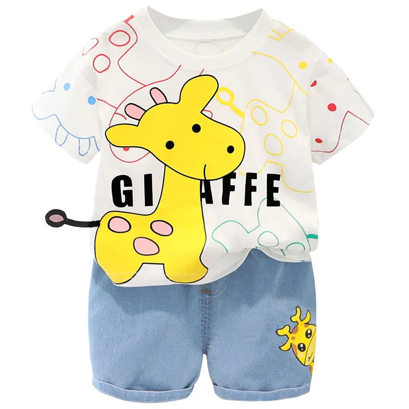 Summer Boy T Kläder sätter söt hjort bomullsmaterial baby dräkter högkvalitativa korta barn skjorta spädbarn 2 år gammal costom 220507