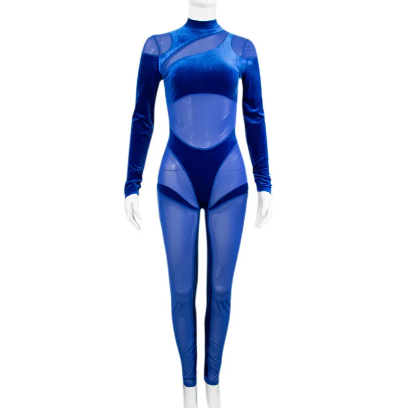 Kricesseen Sexy Blue Velvet Mesh Patchwork Skinny Long Pant Phemsuit Women Shut Rompers Clubwear Sails Outfits 220714