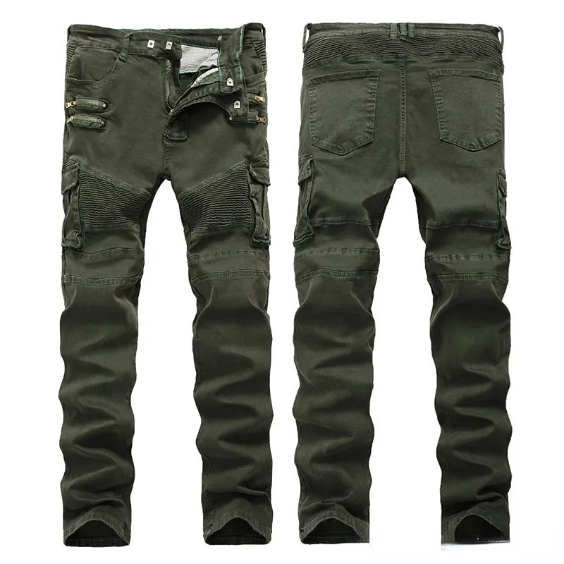 Neu eingetroffene Herren-Jeans, Designer-Biker-Hot-Rip-Reißverschluss-Cargohose, zerknitterte Jeans mit kaputten Löchern, schmale Beine, US-UK-Größe 2842