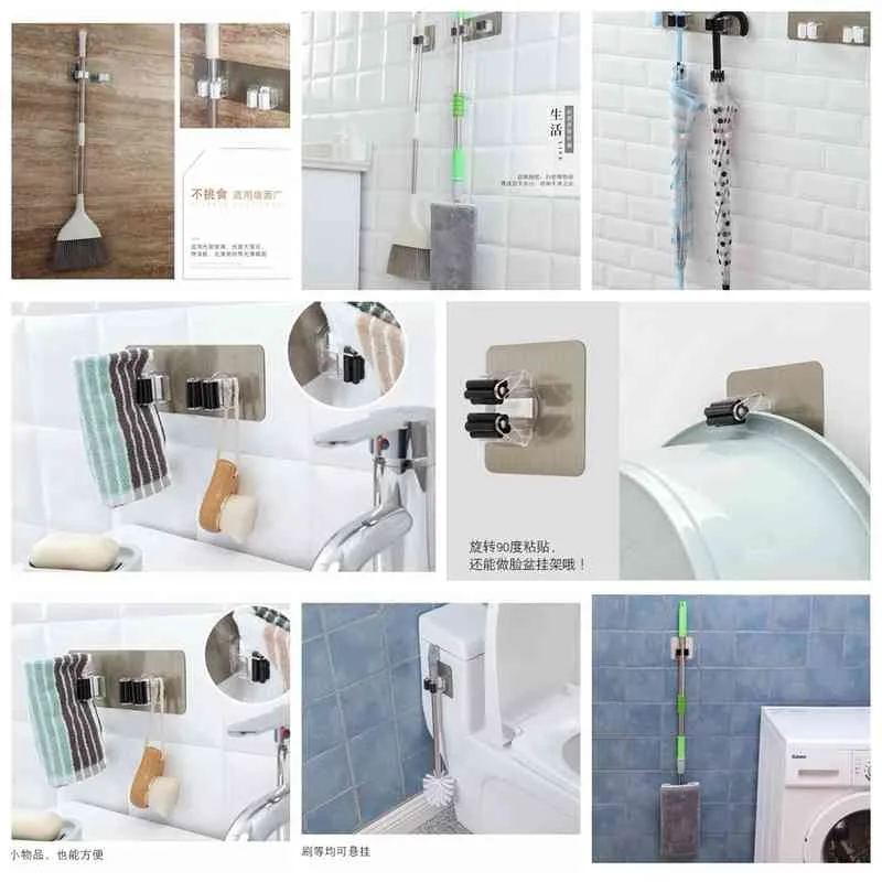 Lijm multifunctionele haken muur gemonteerd dweil houder houder rackbrush bezem hanger haak keuken badkamer sterk