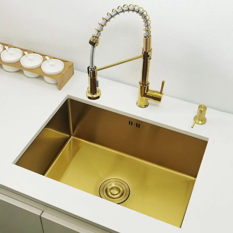 Gold Kitchen Sink 304 rostfritt stål handfat över räknare eller undermonterad installation en enda bassäng bar sjunka gyllene tvättbassäng3168804