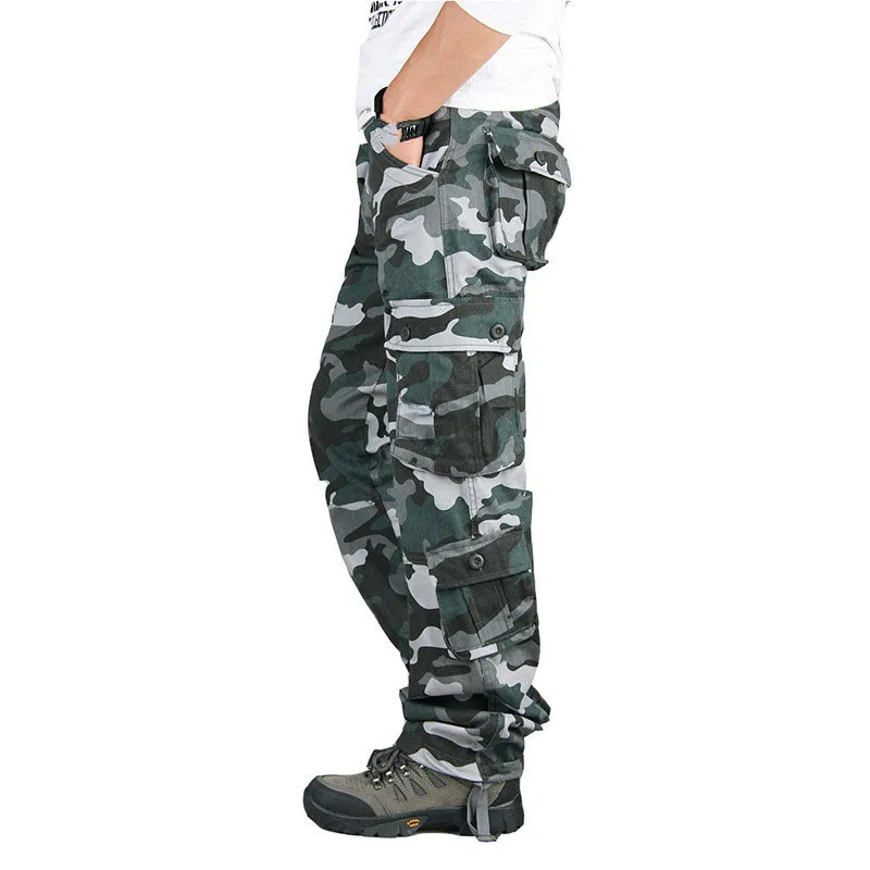 Calça masculina camuflagem de camuflagem de cargo de algodão casual multi -bolso de calça longa calça de hip hop hip hop montes urbanos tactical militar 220826