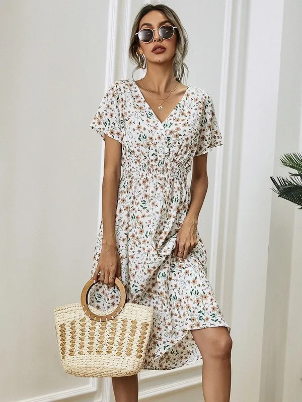 Allover Floral Print Shirred Talle Floryd Sukienka Summer Summer Wakacje wakacyjne krótkie rękawie w szyku A-line długa sukienka szata femme 220517