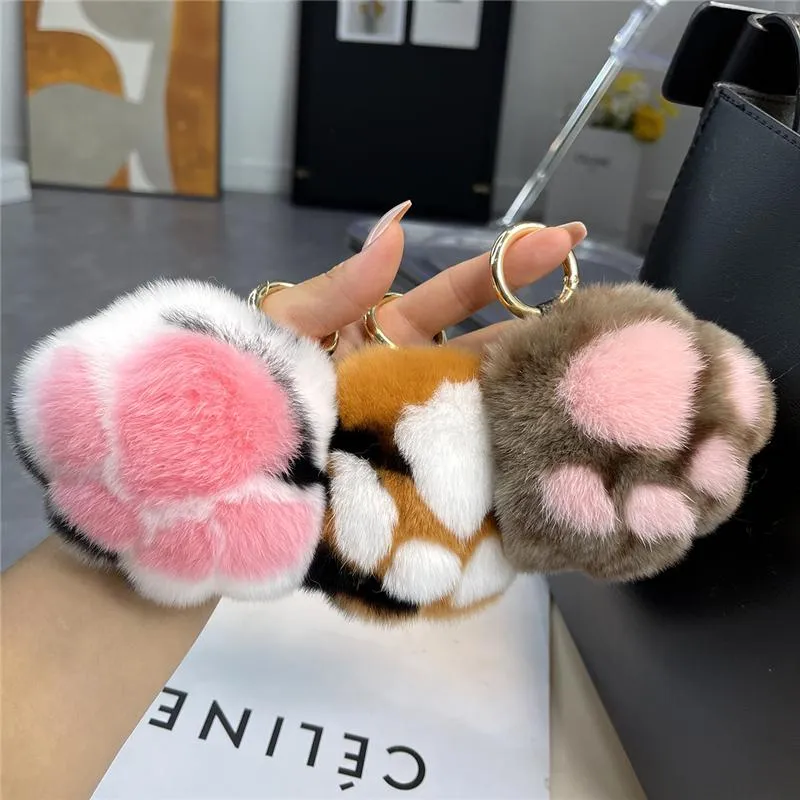 Keychains Plush Ball Real Rex Fur Keychain Cat Claw Women Bag Pendant Cute Toy Hanging Ornaments Car Key Rings Bear Trinkets176y