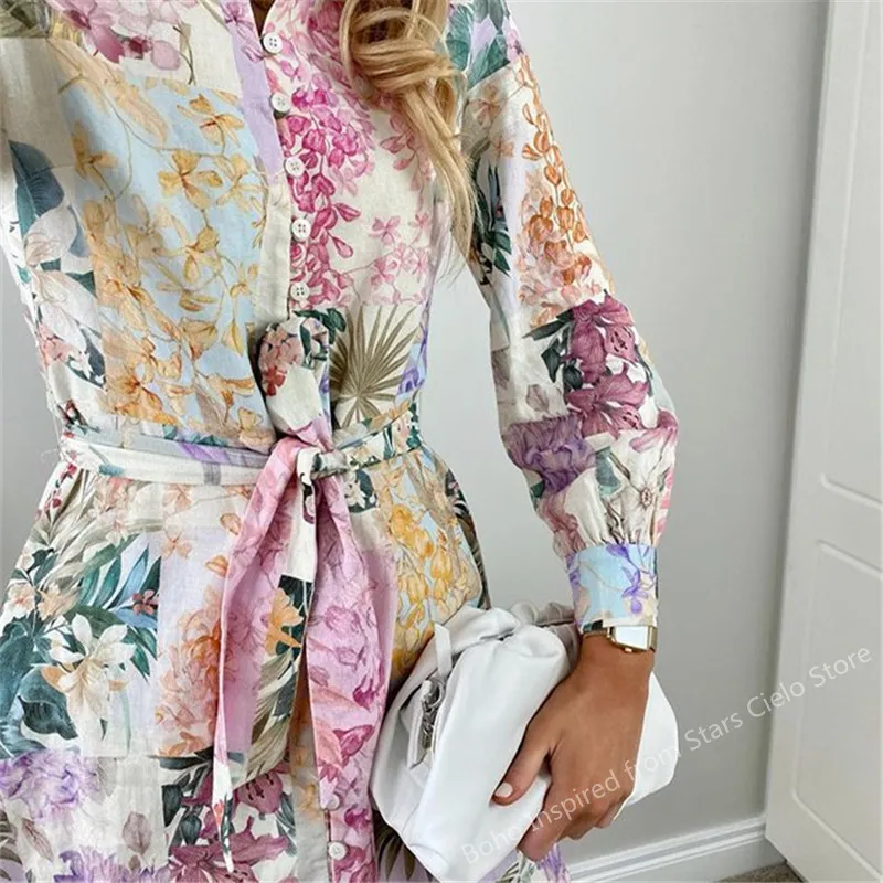 BOHO INSPIRED MULTICOLORED FLORAL PRINT robe d'été femmes boutons vers le bas ceinturé à manches longues femme robe élégante dames 220713