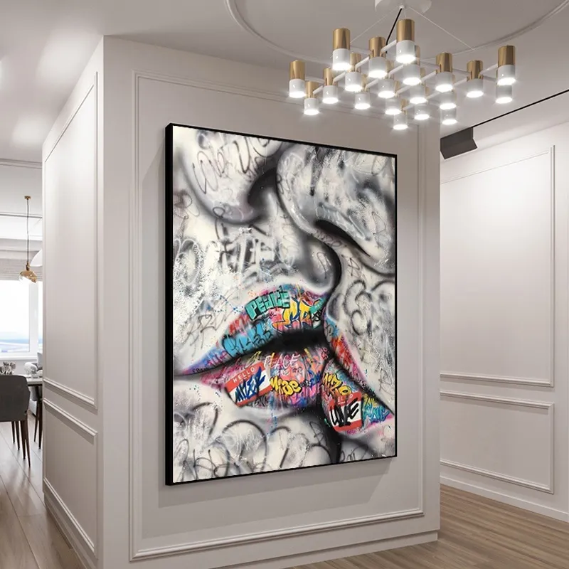 Lover Kissing Street Graffiti Art Painting on Canvas Posters and Prints Abstract Wall Art Picture for Living Room Home Decor (4)