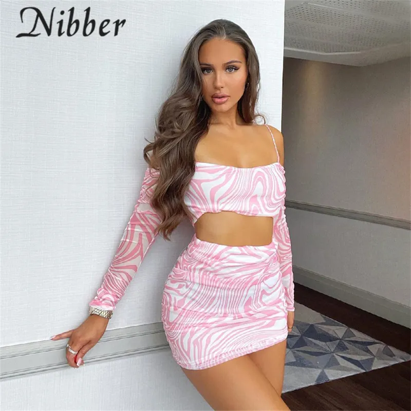 Nibber Solid 2two Piece Set Women Autumn Dew Shoulder Long Sleeve Tops Tight skinkor Kjol Matchande outfit kvinnliga kläder 220602