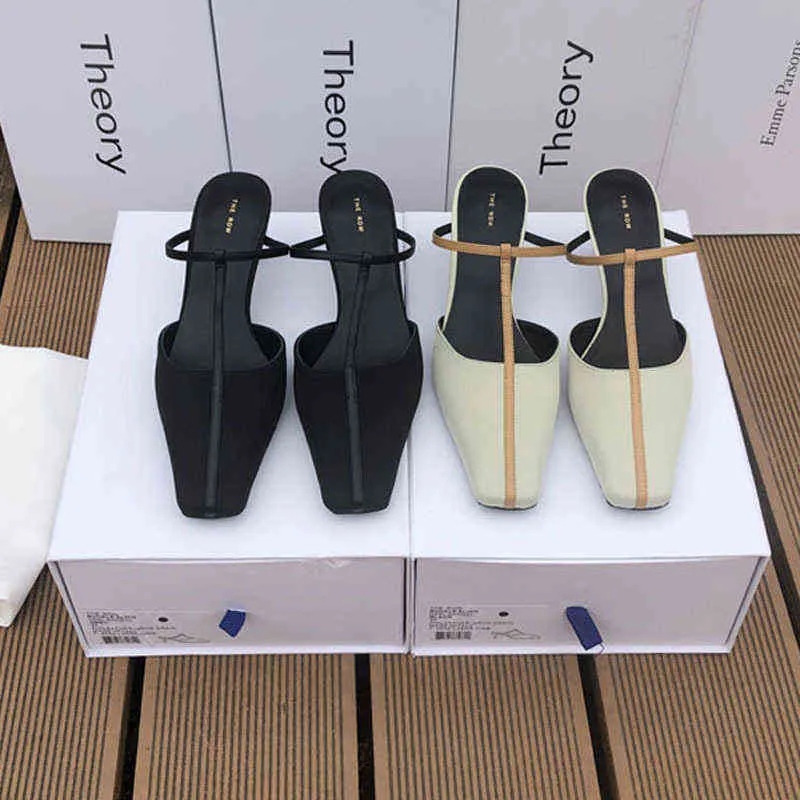 The Row Shoes 2022 Lente en zomer Nieuwe minimalistisch leer Baotou Highheeled Slippers Sandalen Franse muller schoenen vrouwen3509926