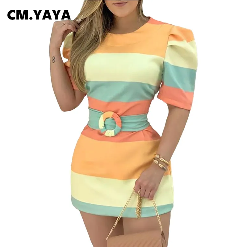 CM. Yaya Rainbow Striped Damska mini sukienka z szarfy Seksowne vintage puff rękawy o-deter-bandcon Bandage Pencil sukienki 220516
