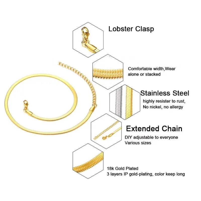 Chaînes 100% Collier de chaîne à chevrons plat en acier inoxydable pour femmes Colliers de clavicule en argent or