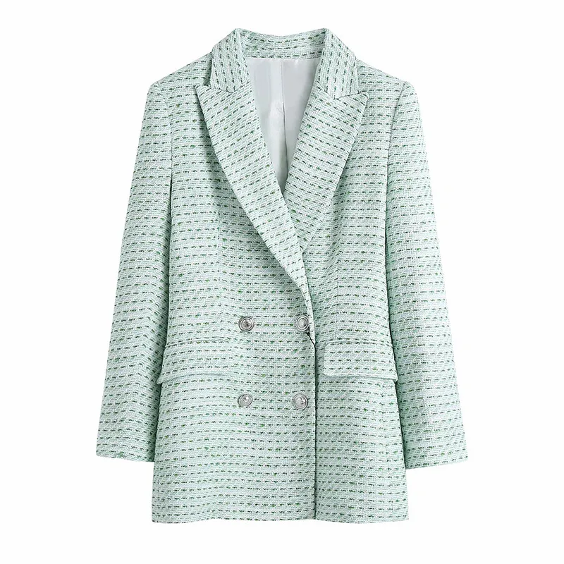 XEASY Tweed mujer conjunto de dos piezas verde Vintage Oficina dama doble botonadura Blazer mujer Slim alta cintura Culottes falda traje 220506