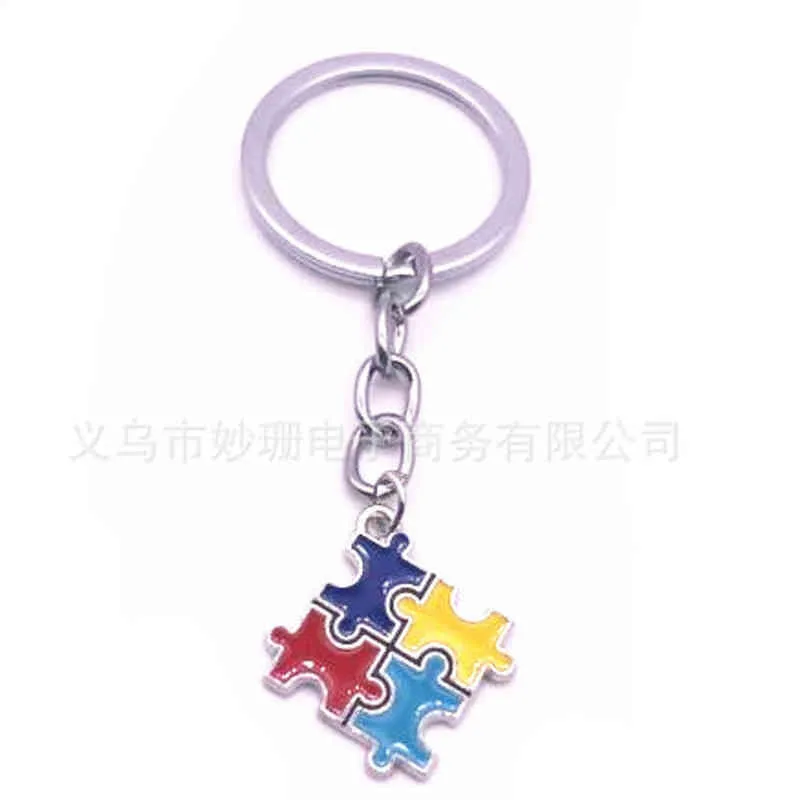 Hela 20st 10st Emalj Rhinestone Autism Awareness Jigsaw Puzzle Piece Charm Keychain Keyring for Man Woman Gifts270b