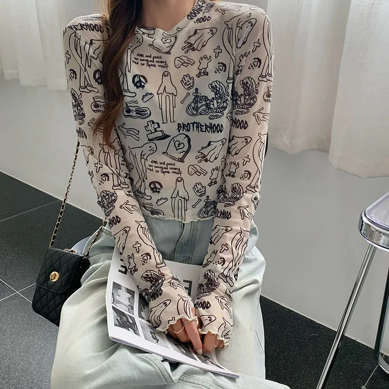 Yedinas Korean Style Long Sleeve Mesh T-shirt Women Funny Art Print See Through Tshirt Folds Design Crop Tops Sexy Streetwear 220516