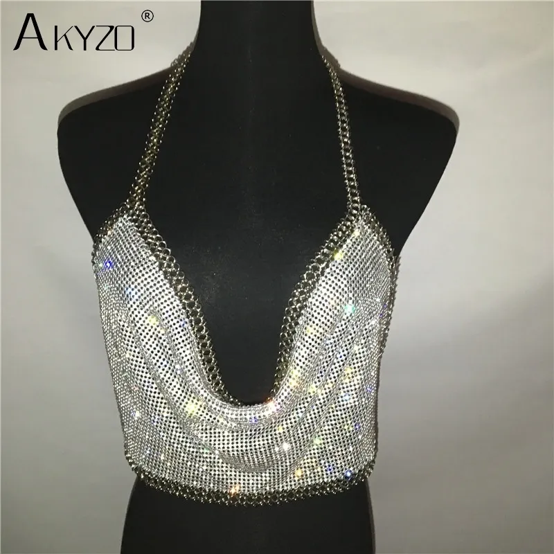 AKYZO Women Backless Luxury Camis Crop Top Fashion Chunky Metal Chain Diamond Hollow Out Plunge Halter Tank Tops 220325