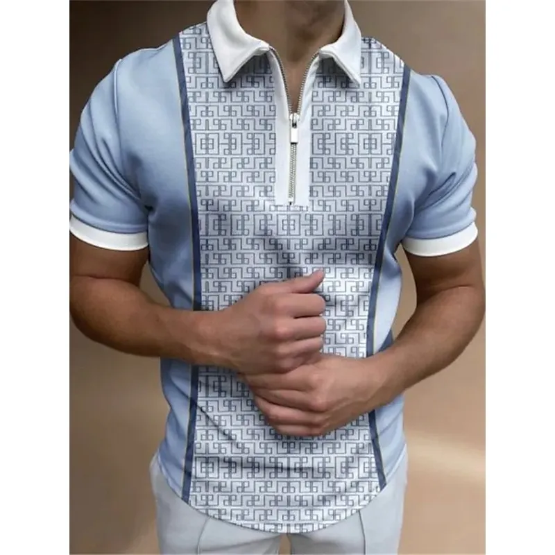 Mode Vêtements pour hommes Polos Prom Stripe A Imprimer Casual T-shirt à manches courtes Hommes Col rabattu Zipper Polo Tops 220702