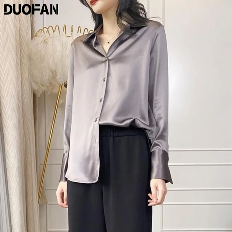 DUOFAN bureau soie Satin chemises femmes nouveau printemps automne dames Simple Blouse hauts femmes vêtements coréen lâche gris chemise Blusas Mujer