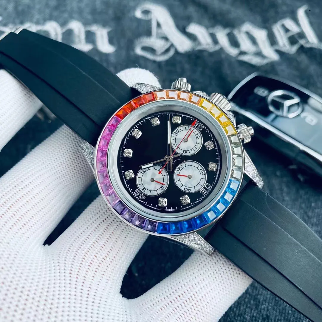 Herenhorloge Automatisch mechanisch uurwerk Horloges 40 mm Rubber staal Rainbow Diamond Bezel saffier waterdicht Horloges mo215u