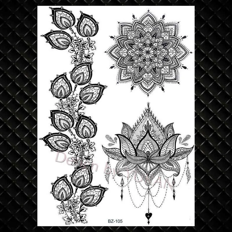 NXY Tymczasowy Tatuaż Yuran Moda Czarne Łańcuchy Nadgarstek Henna Flower Fake S Naklejki Wodoodporna Mandala Flora Kobiety Ramię 3d Tatto 0330
