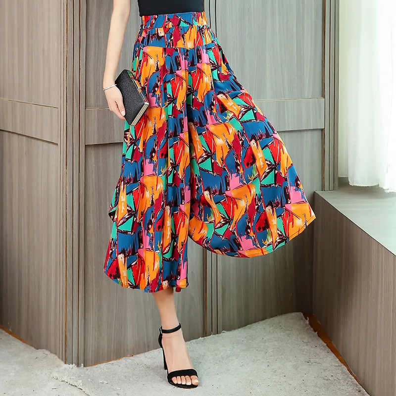 Autumn Spring Print Woman's Pants Wide Leg Trousers for Female High Elastic Waist Ladies Skirt with Pockets 220325