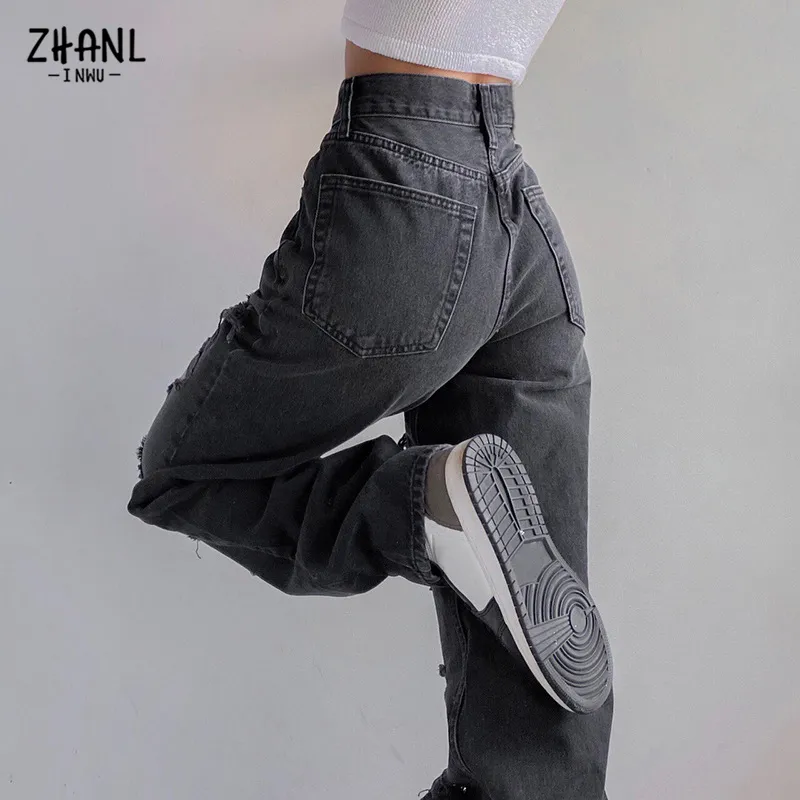 Noir déchiré taille haute Jeans pour femmes Vintage vêtements y2k mode droite Denim pantalon Streetwear trou Hip Hop pantalon jeans 220701