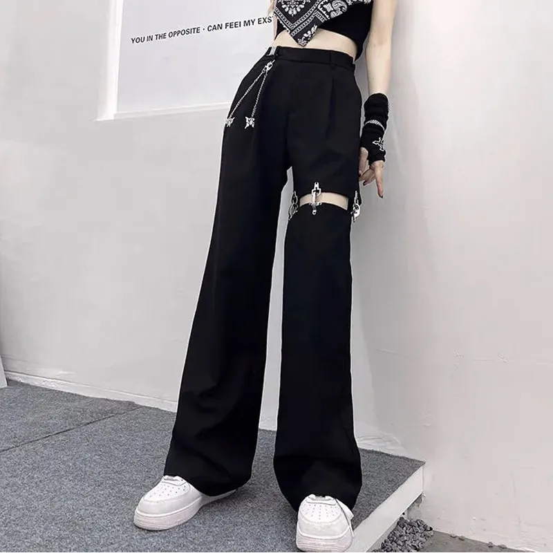 Moda Yüksek Bel Geniş Bacak Pantolon Sokak Harajuku Siyah Pantolon Artı Boyutu Rahat Gevşek Pantolon Kemer ve Zincir 220325