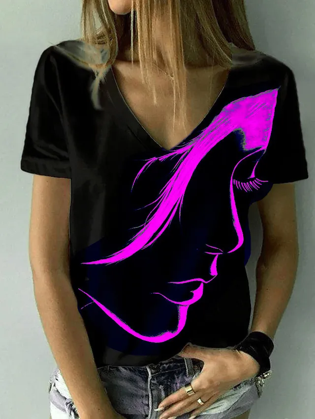 Moda mujer retrato abstracto pintura camiseta de talla grande estampado verano cuello en V Tops básicos negro 3D impresión camisa 220526