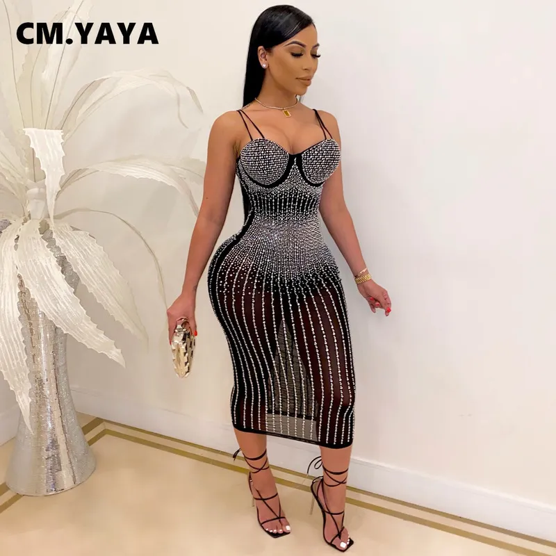 Cm.Yaya Mesh Se men Rhinestones Plunguling V-Neck Midi Bodycon Dress For Women Sexy Club Party Dresses Pencil Vestidos 220406