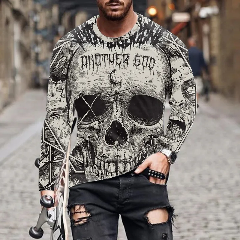 T-shirt sportiva da uomo di buona qualità Stampa digitale 3D TEE Male Street Trend Dark Death Skull Top a manica lunga 220408