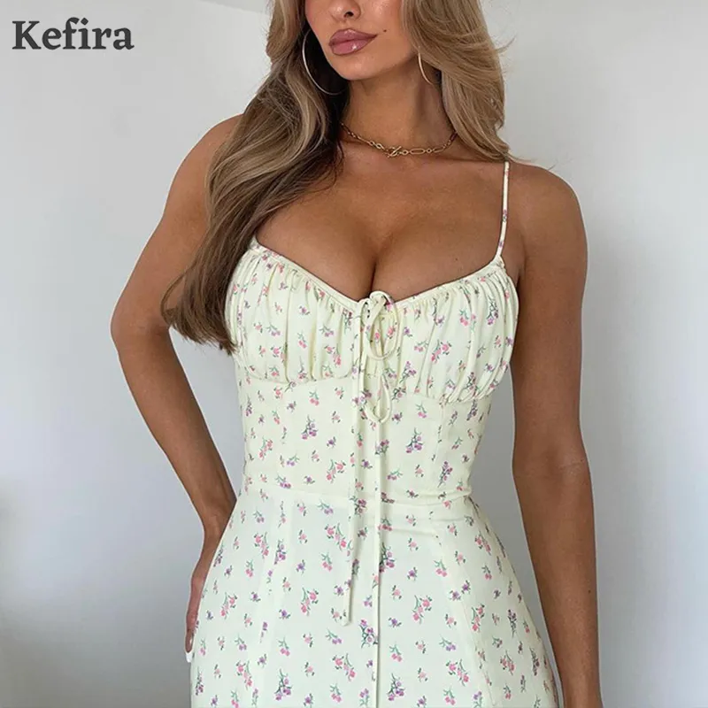 Kefira Summer Vintage Spaghetti Vestido de flores Mulheres V Pesco