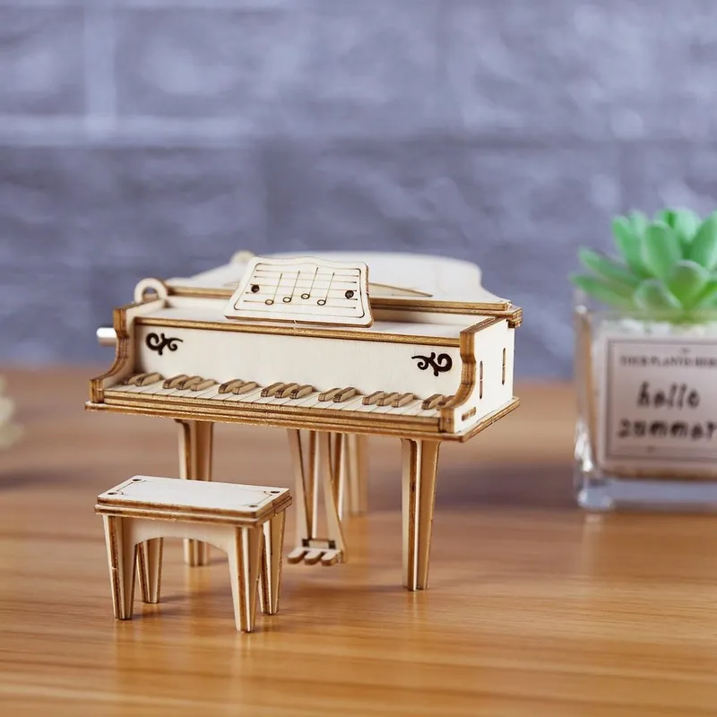 Grand Piano Holz Handkurbel Spieluhr Büro Dekoration 3D Holzpuzzle Spiel Gebäude Geburtstagsgeschenk Montagesatz Mechanisches Modell 220725