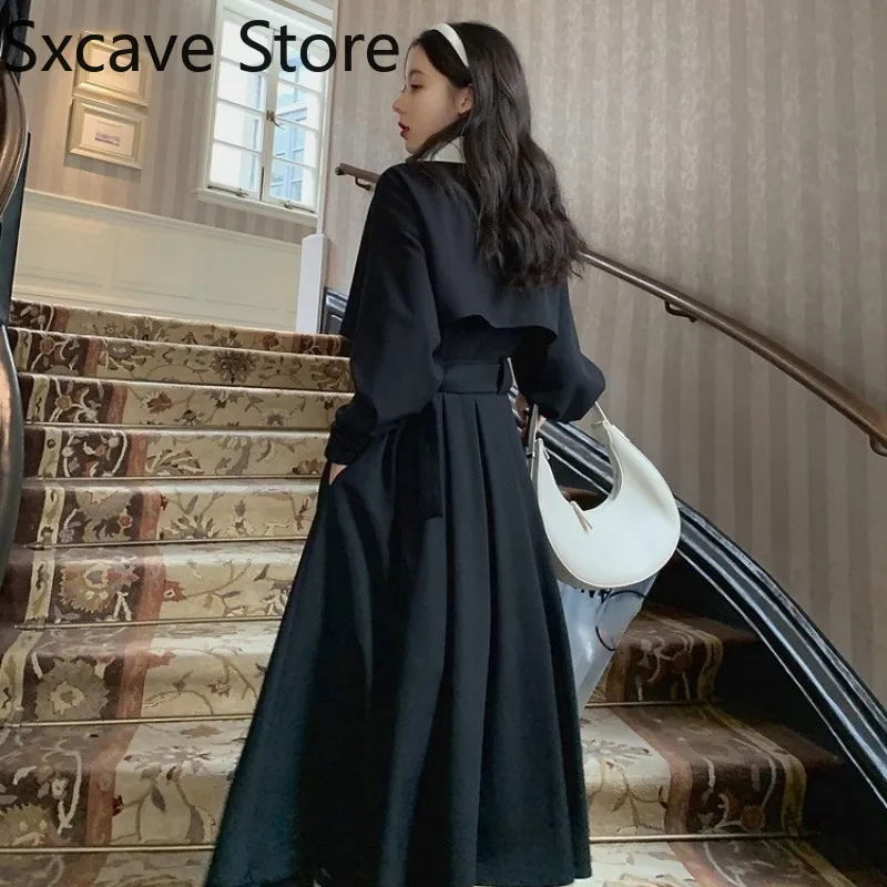 Elegant Black Midi Shirt Dres Gothic Jurk Koreaanse Mode Y2K Vintage Trench Dress Office Dame Herfst Chic 220317